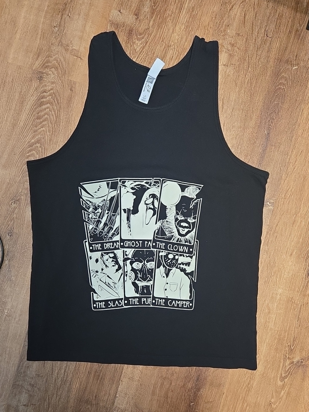 Hand Crafted Black Tank Top with Pale Graphic Panel Horror Large